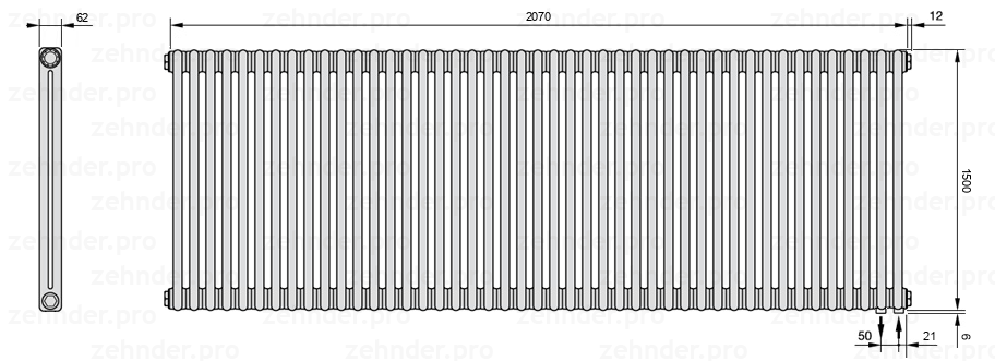 Схема (чертеж) Радиатор Zehnder Charleston 2150/45 №5510 Белый глянцевый RAL 9016
